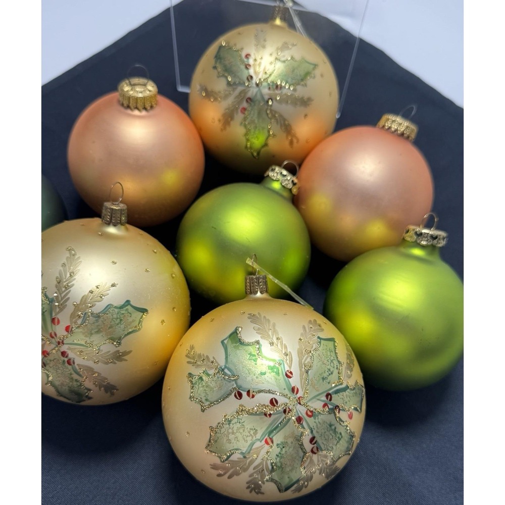 West Germany~ Round Peach Green Gold Glass Ornaments Glitter Set of 8 - Picture 8 of 11